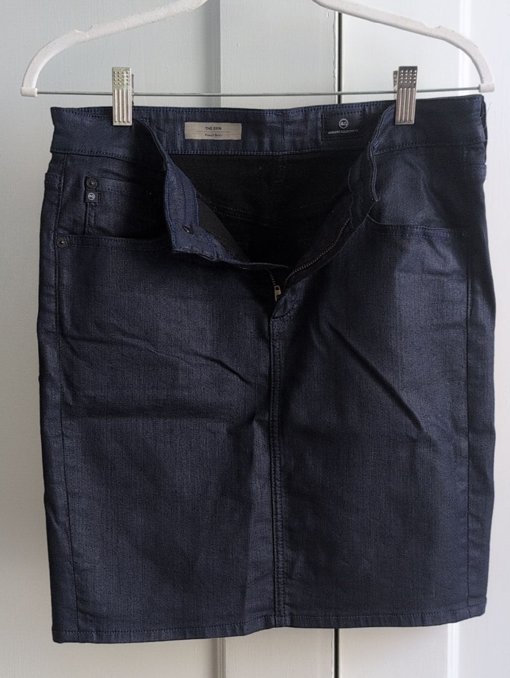 AG the Erin Pencil Mini Skirt Coated Dark Navy Denim - 29